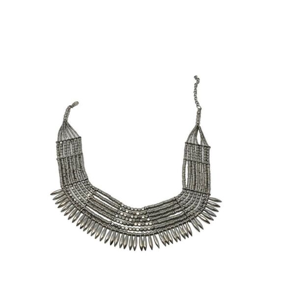Silver Tone Beaded Spiked Choker Collar Primitive Brutalist Tribal Medieval - Picture 8 of 9